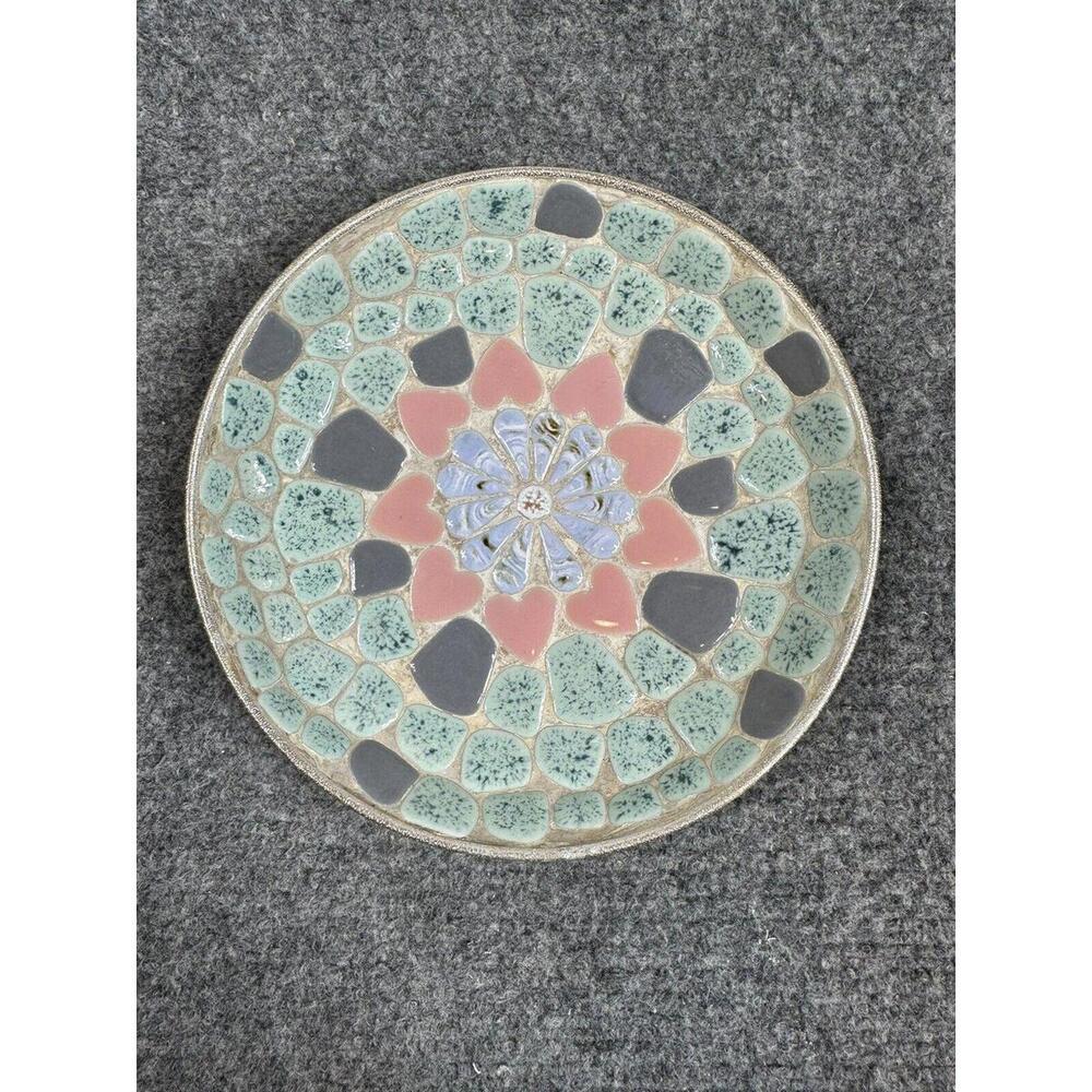 VTG Mid-Century Mosaic Tile Pink Hearts‎ Turquoise Pebble Trinket Dish Bowl 7.5